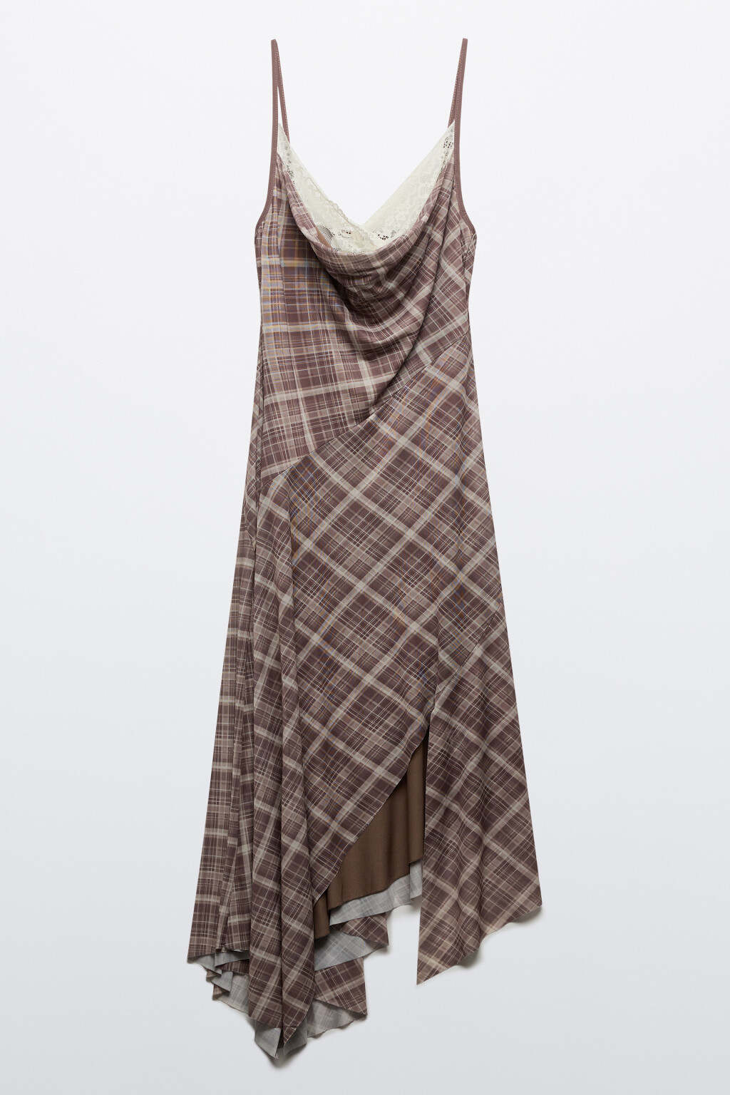 Платье-комбинация миди асимметричное с кружевом - цвет коричневый - 8