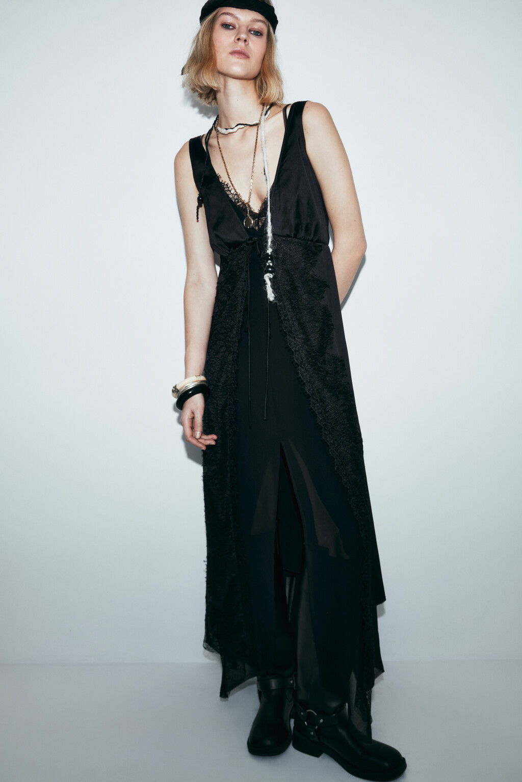 Платье-комбинация макси кружевное двухслойное - цвет черный - 2