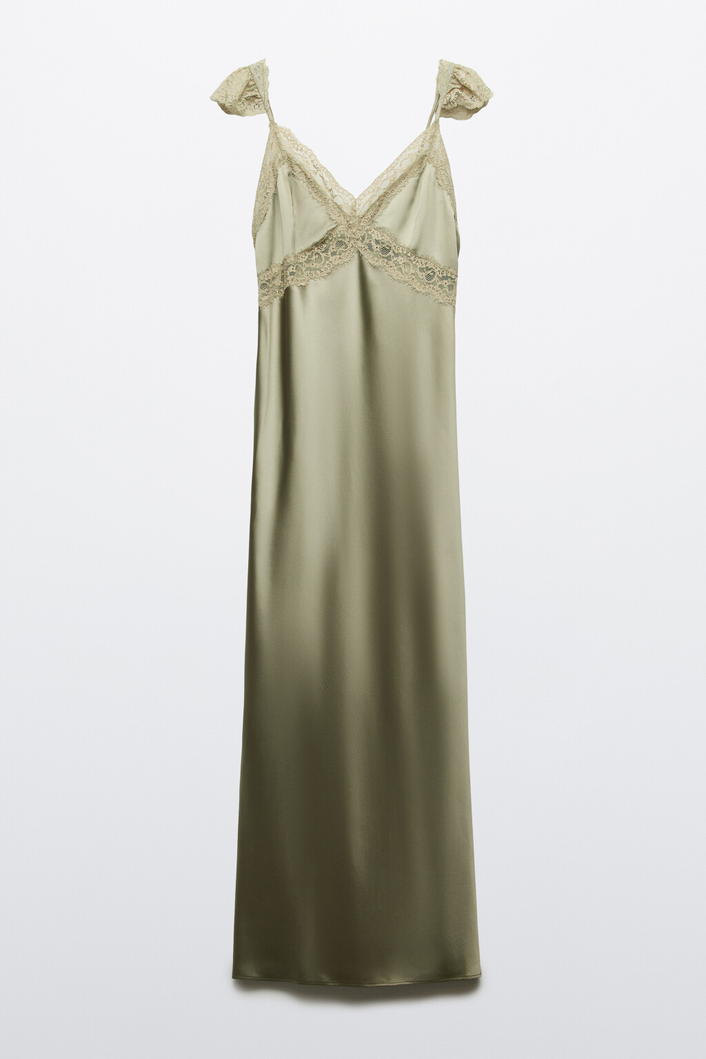 Платье-комбинация макси атласное облегающее с кружевом - цвет зеленый - 6