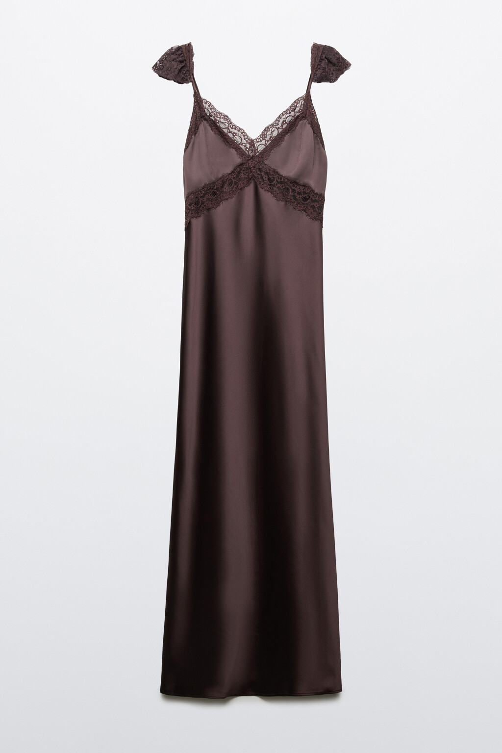 Платье-комбинация макси атласное облегающее с кружевом - цвет коричневый - 7