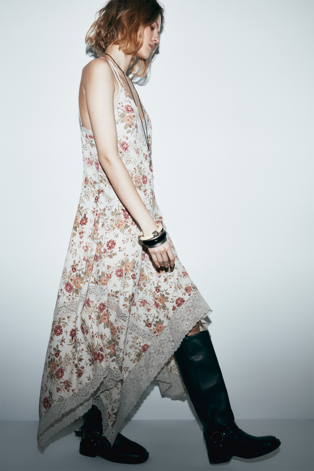 платье асимметричное миди с принтом и кружевом - цвет бежевый - 1