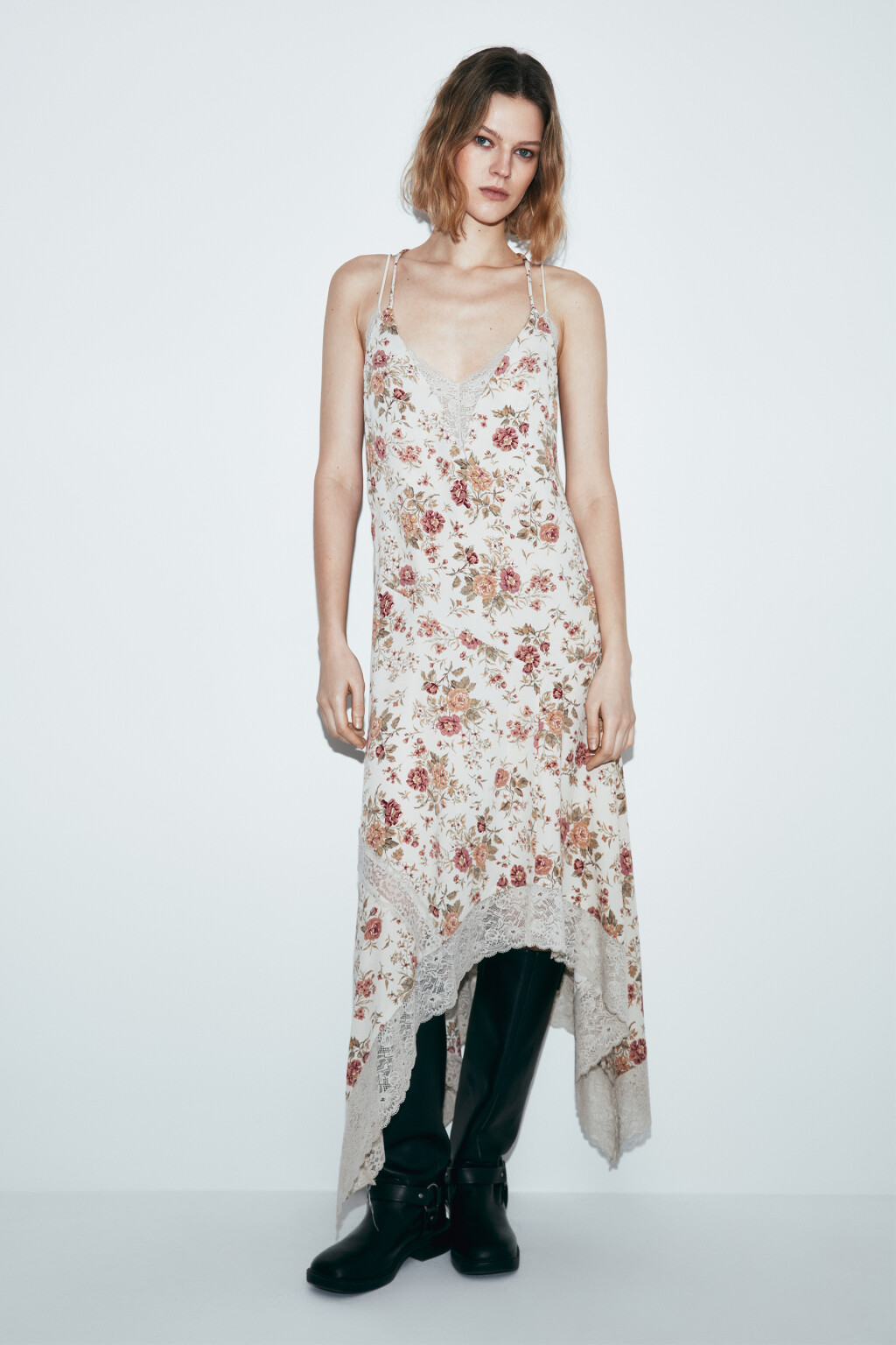 платье асимметричное миди с принтом и кружевом - цвет бежевый - 3