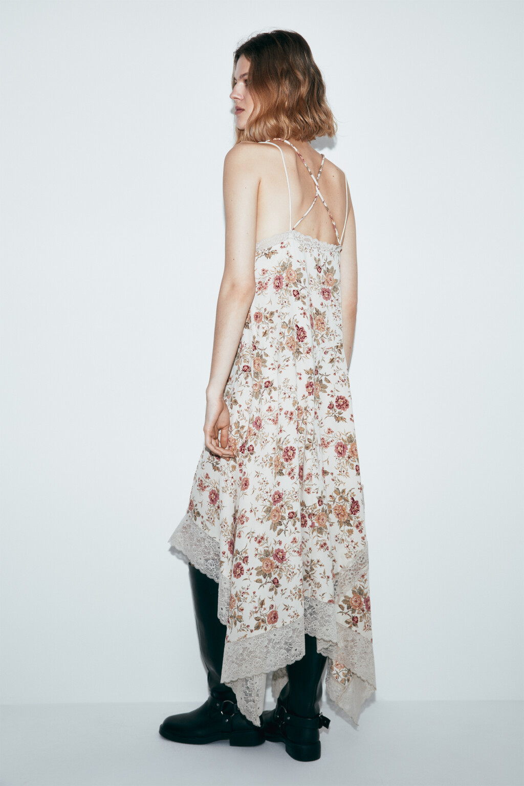 платье асимметричное миди с принтом и кружевом - цвет бежевый - 4