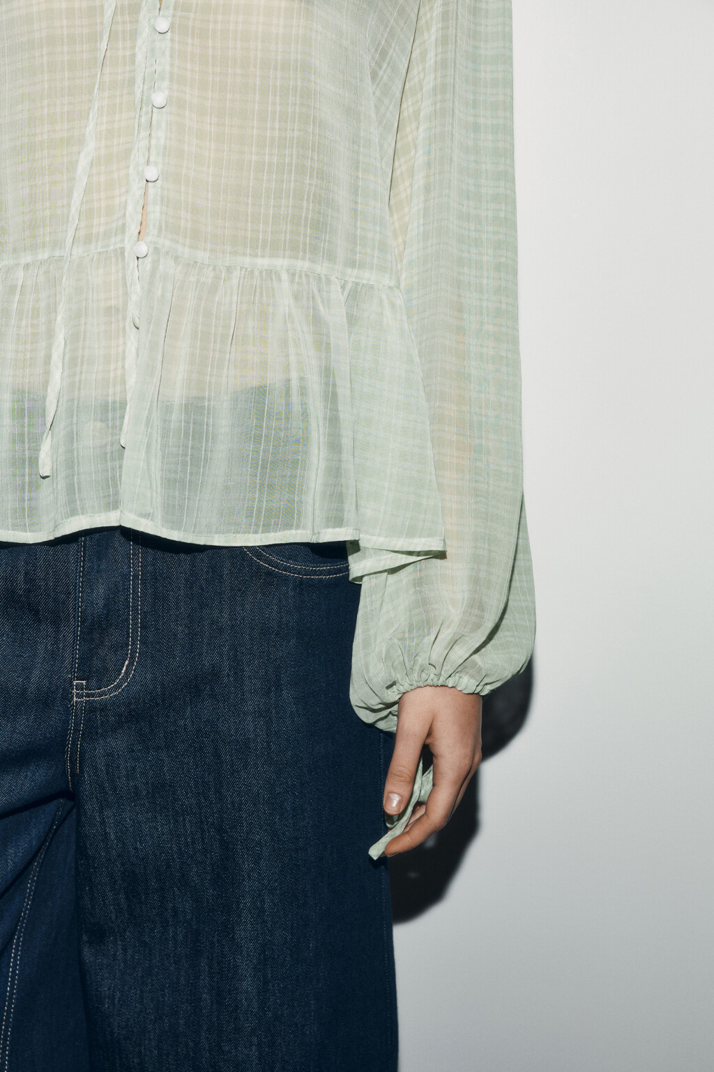 Блузка шифоновая с рукавами на завязках - цвет зеленый - 6