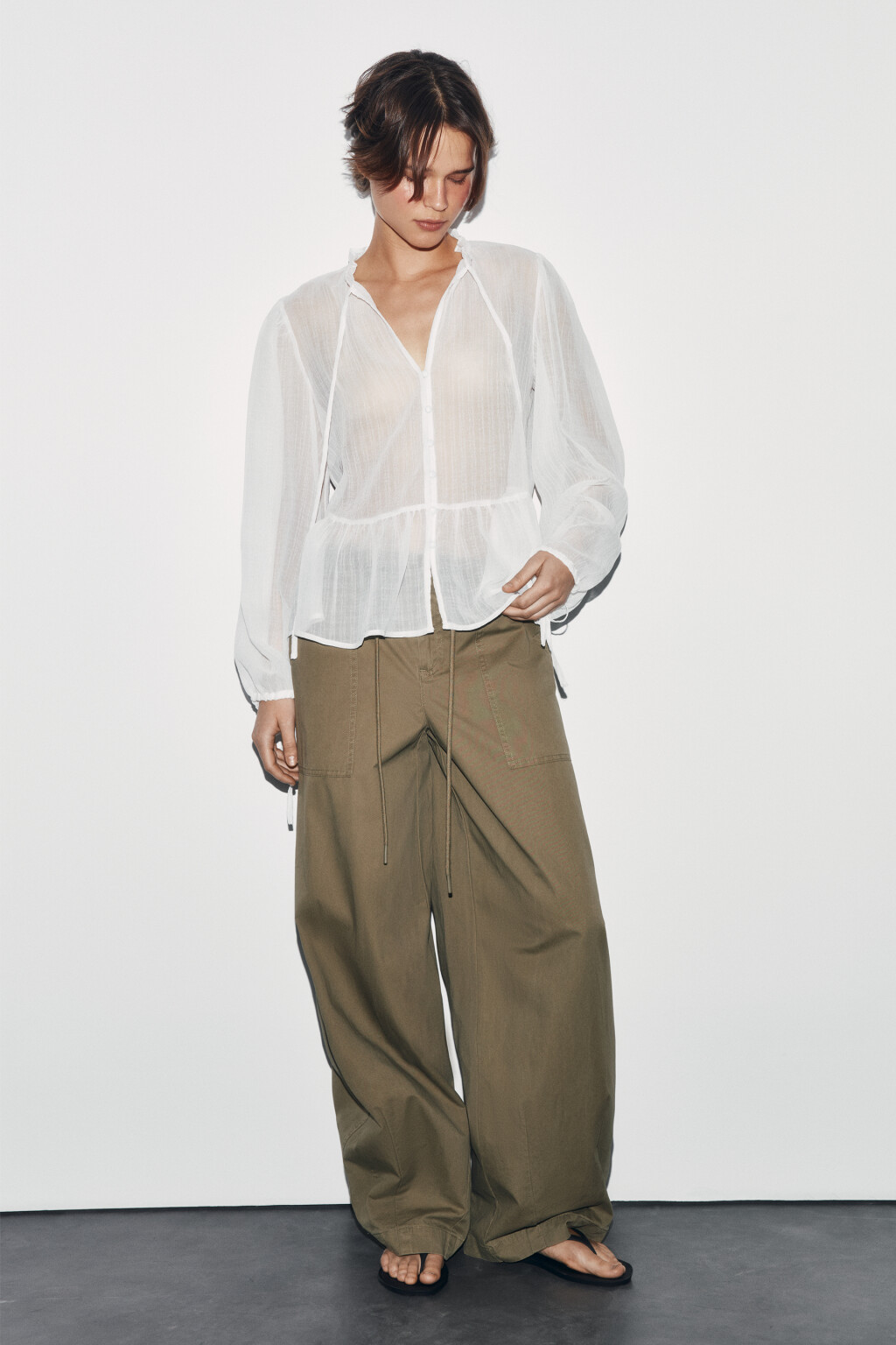 Блузка шифоновая с рукавами на завязках - цвет белый - 4