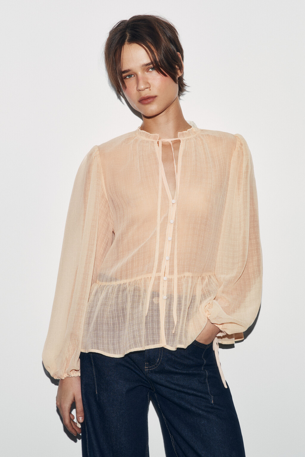 Блузка шифоновая с рукавами на завязках - цвет молочный - 2