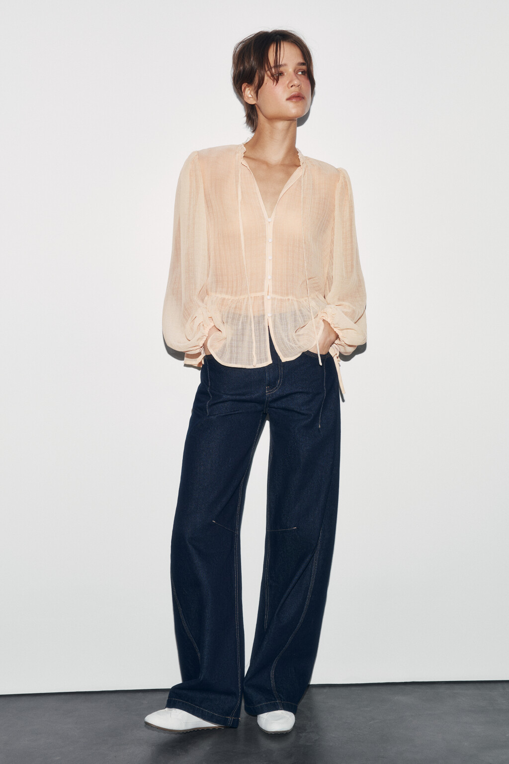 Блузка шифоновая с рукавами на завязках - цвет молочный - 4