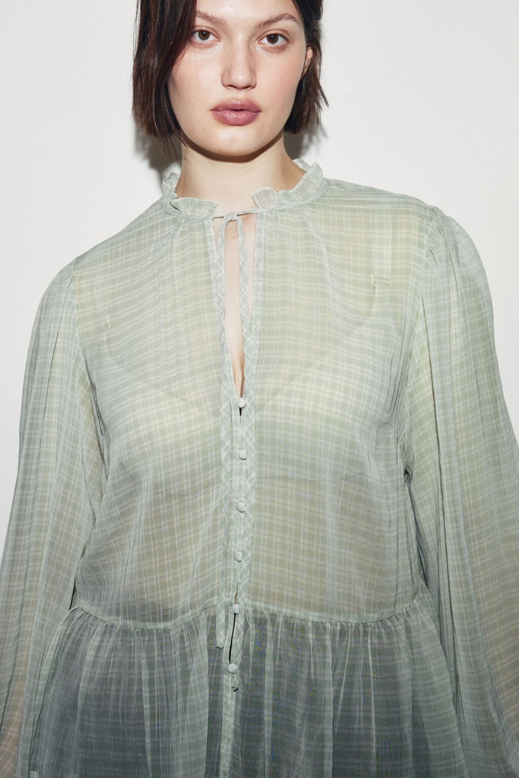 Блузка шифоновая с рукавами на завязках - цвет зеленый - 5