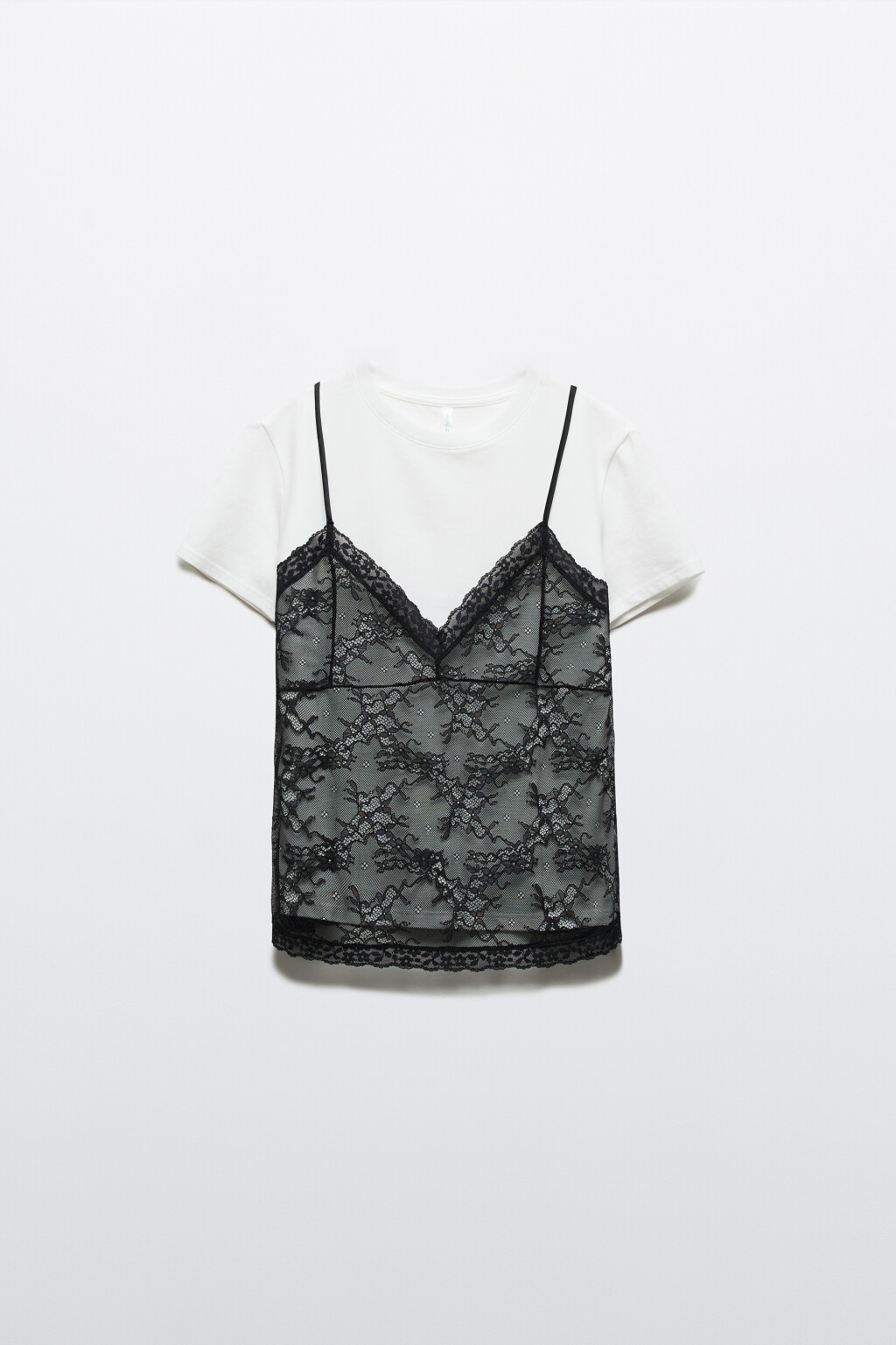 Блузка-топ кружевная с имитацией футболки - цвет черный - 1