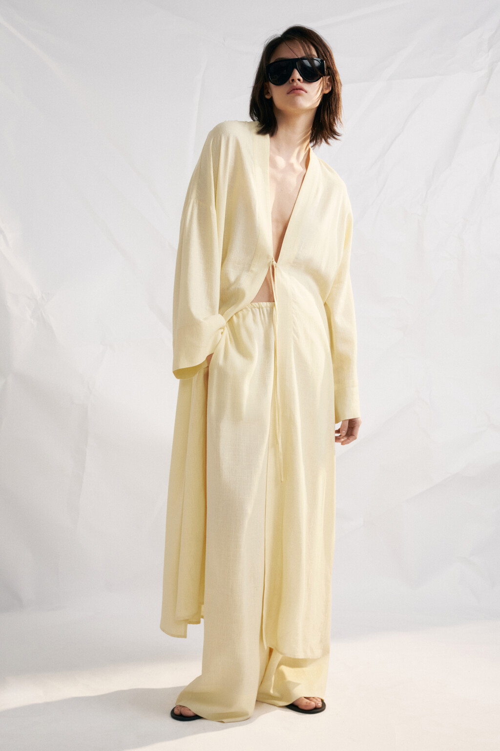 Блузка-кимоно на завязках вискозная со льном - цвет ванильный - 1