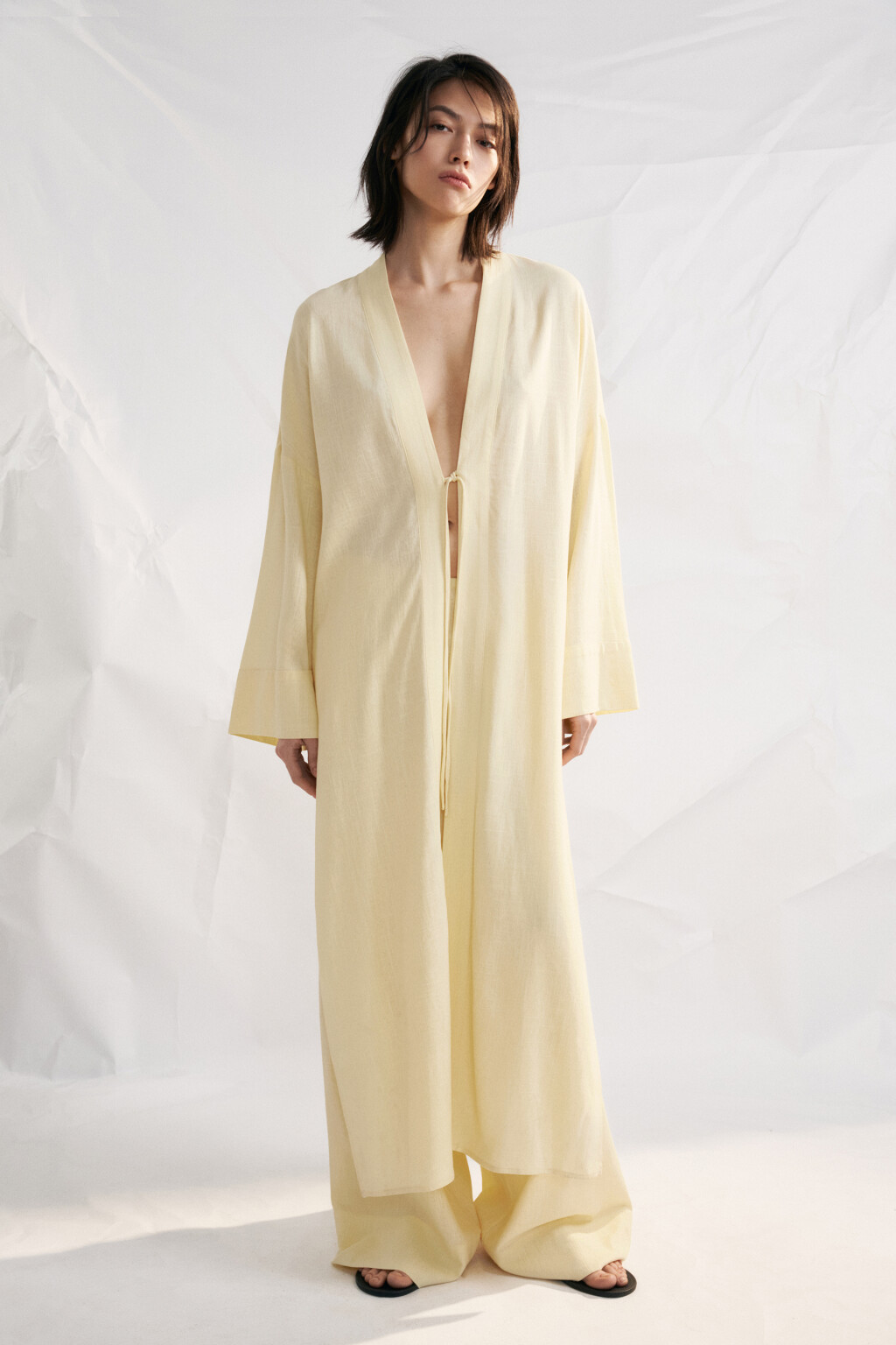 Блузка-кимоно на завязках вискозная со льном - цвет ванильный - 2