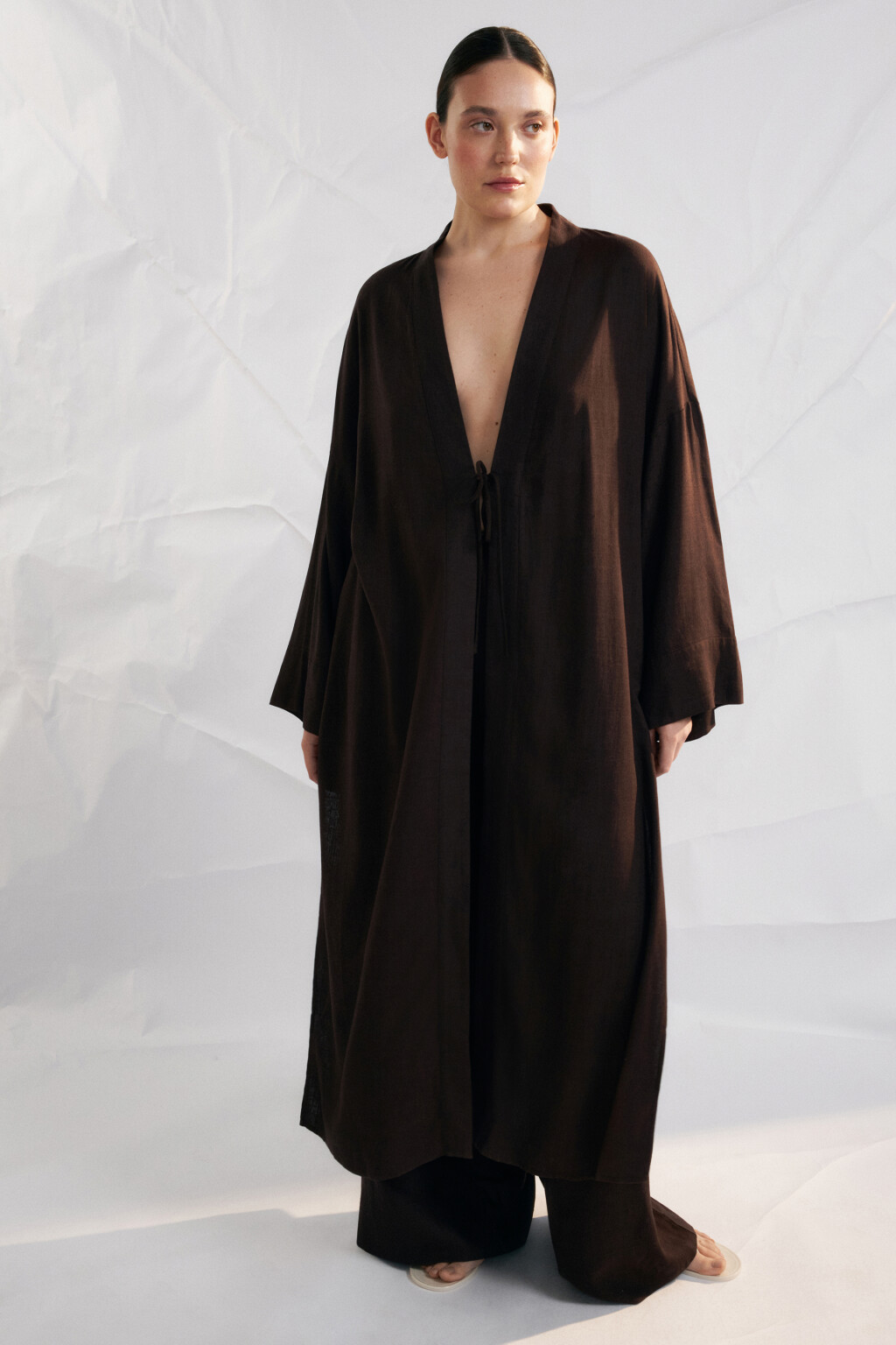 Кимоно на завязках вискозное со льном - цвет коричневый - 1