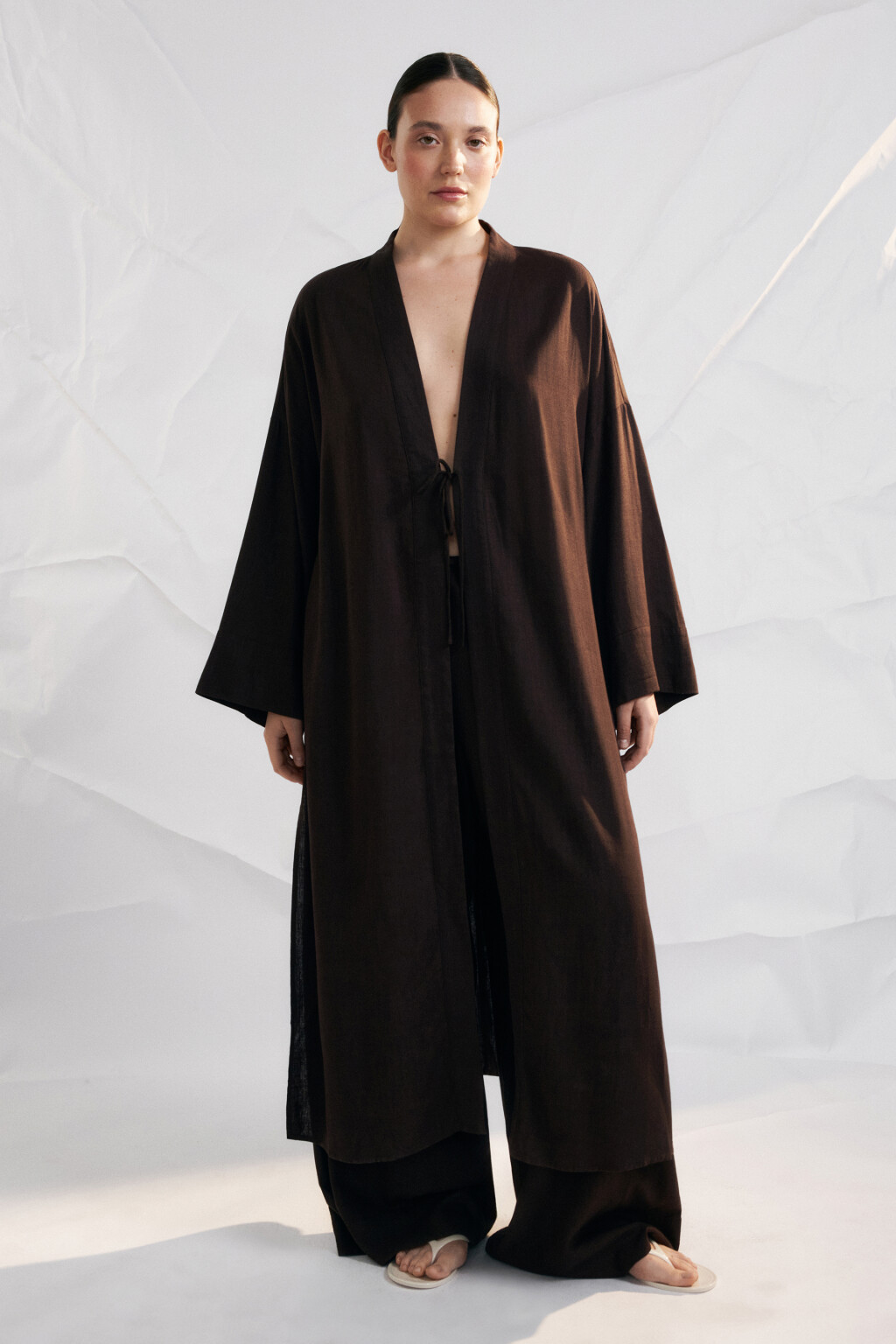 Кимоно на завязках вискозное со льном - цвет коричневый - 2