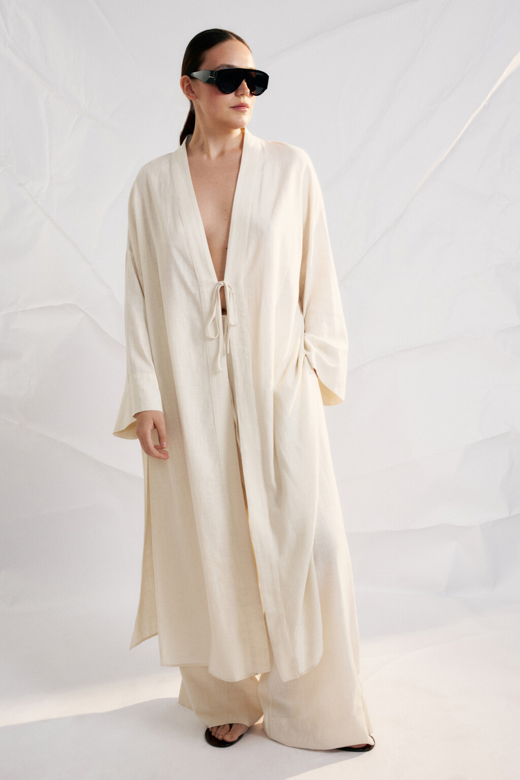 Кимоно на завязках вискозное со льном - цвет молочный - 1