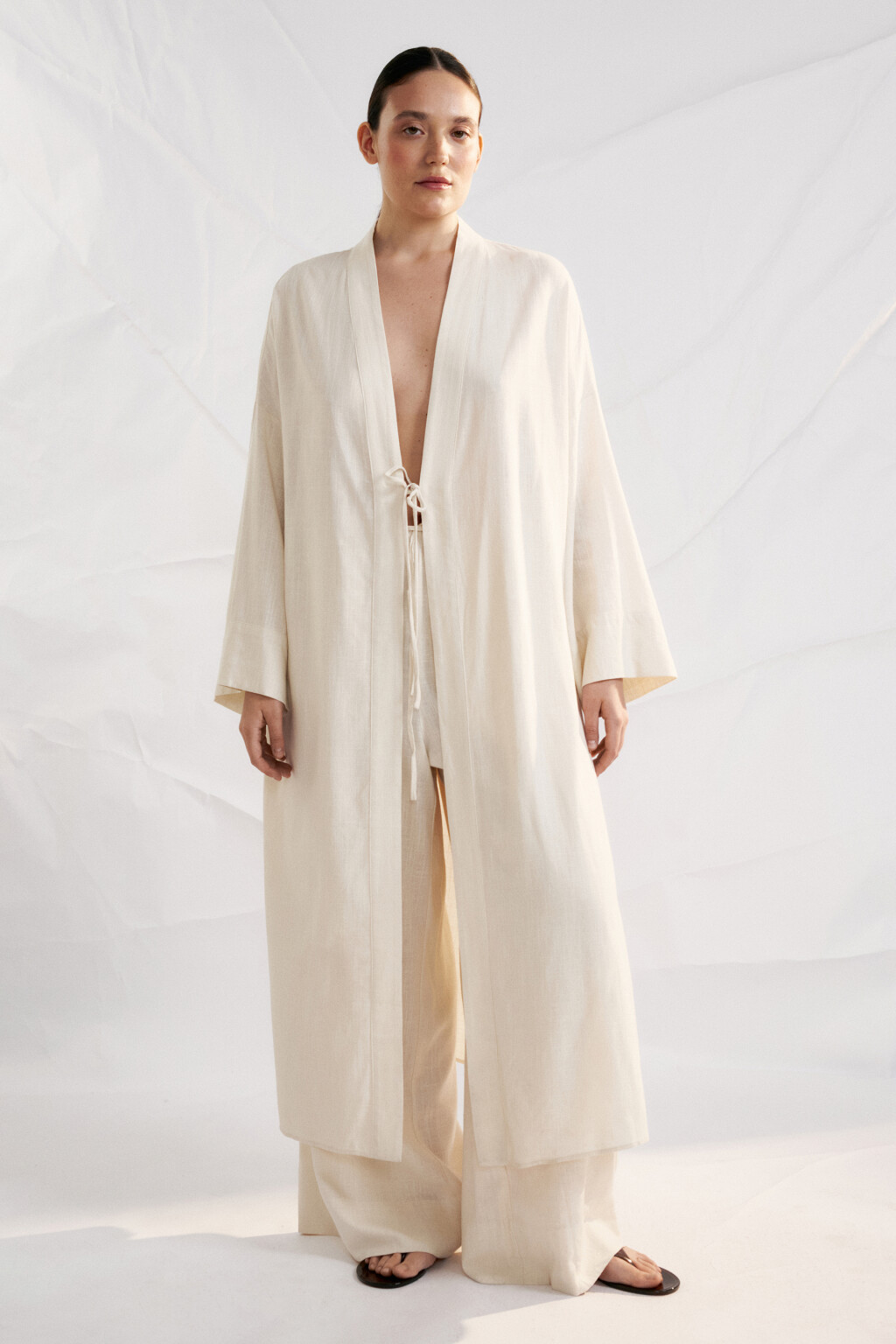 Кимоно на завязках вискозное со льном - цвет молочный - 2
