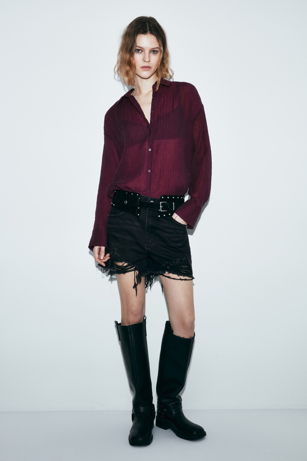 Рубашка оверсайз из фактурного лиоцелла - цвет красный - 4