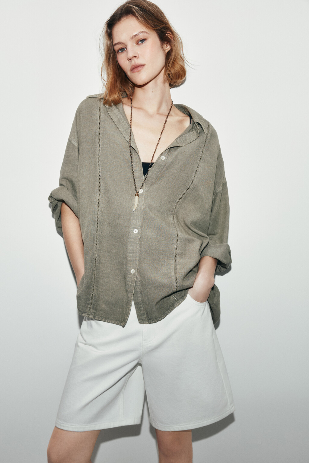 рубашка оверсайз с коротким рукавом - цвет зеленый - 1