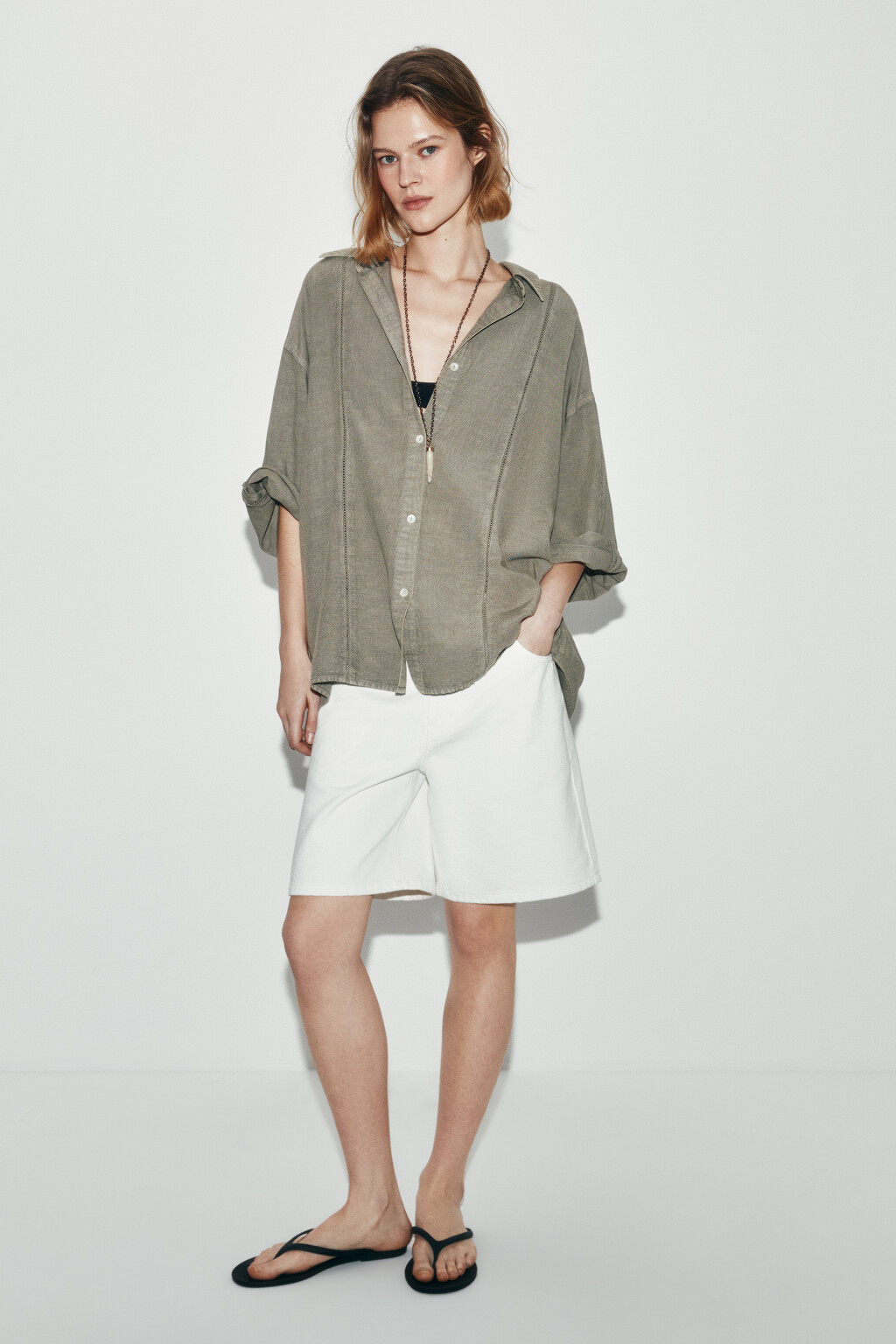 рубашка оверсайз с коротким рукавом - цвет зеленый - 5