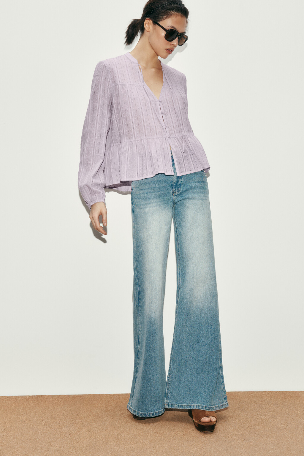 Блузка хлопковая с баской и завязками - цвет сиреневый - 1