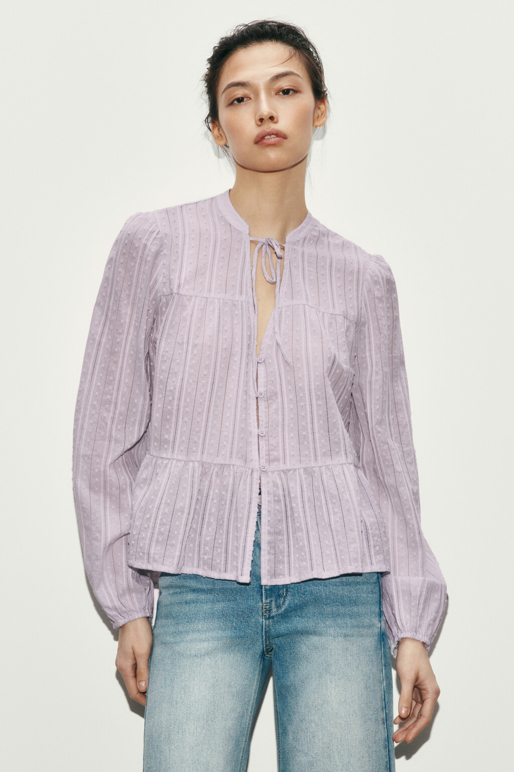 Блузка хлопковая с баской и завязками - цвет сиреневый - 2