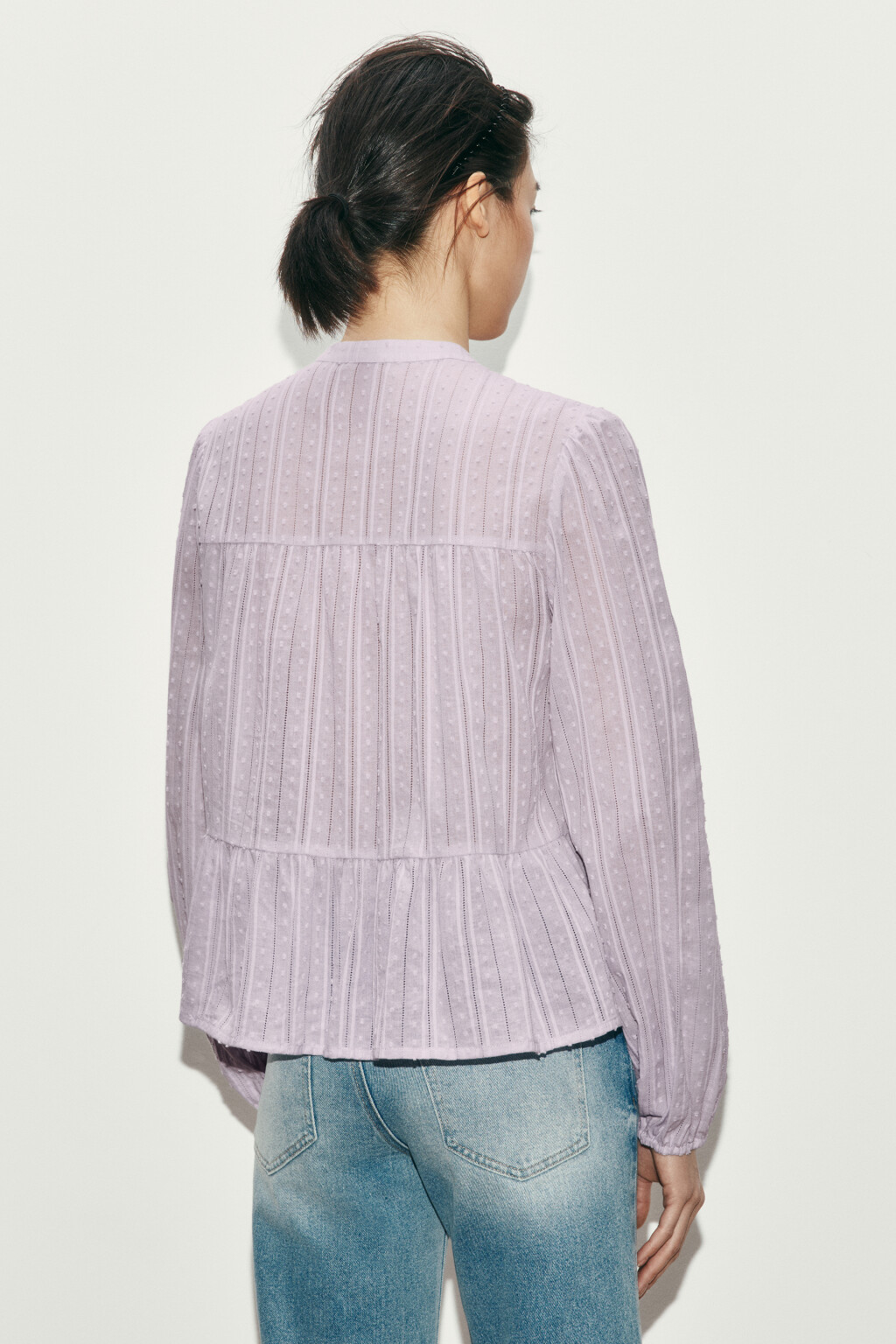 Блузка хлопковая с баской и завязками - цвет сиреневый - 3
