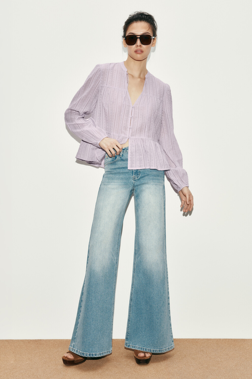 Блузка хлопковая с баской и завязками - цвет сиреневый - 4