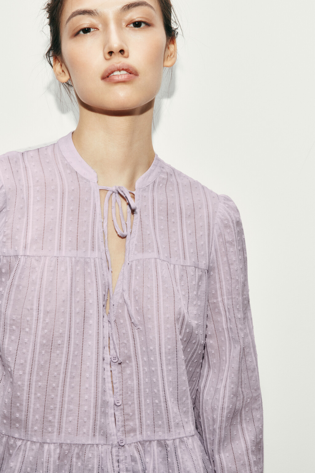 Блузка хлопковая с баской и завязками - цвет сиреневый - 5