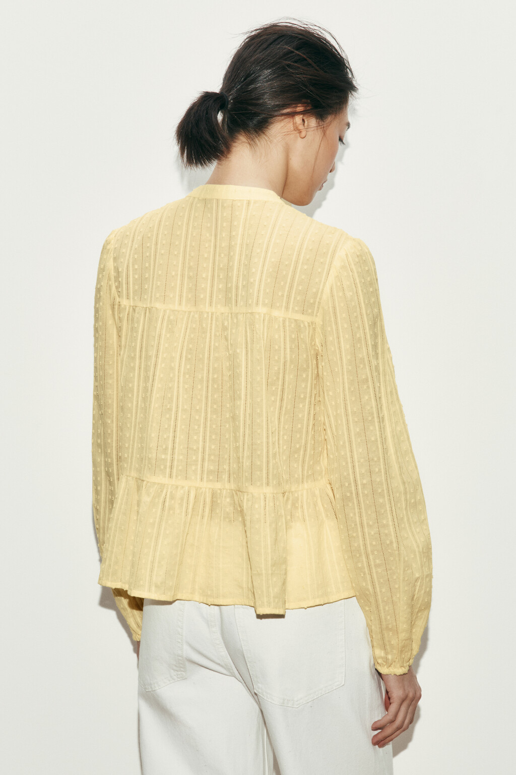 Блузка хлопковая с баской и завязками - цвет желтый - 3