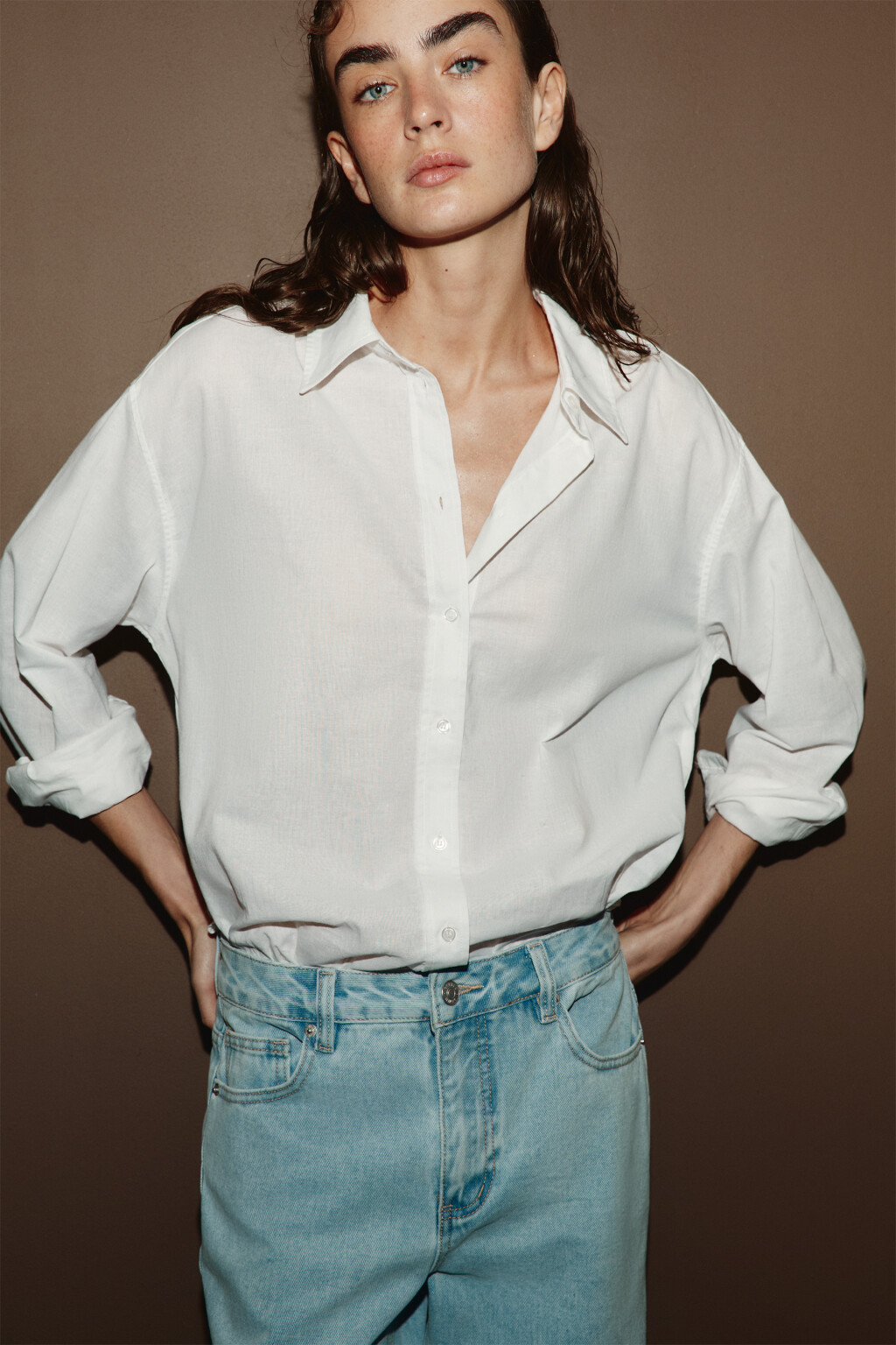Рубашка оверсайз из хлопка со льном - цвет белый - 1