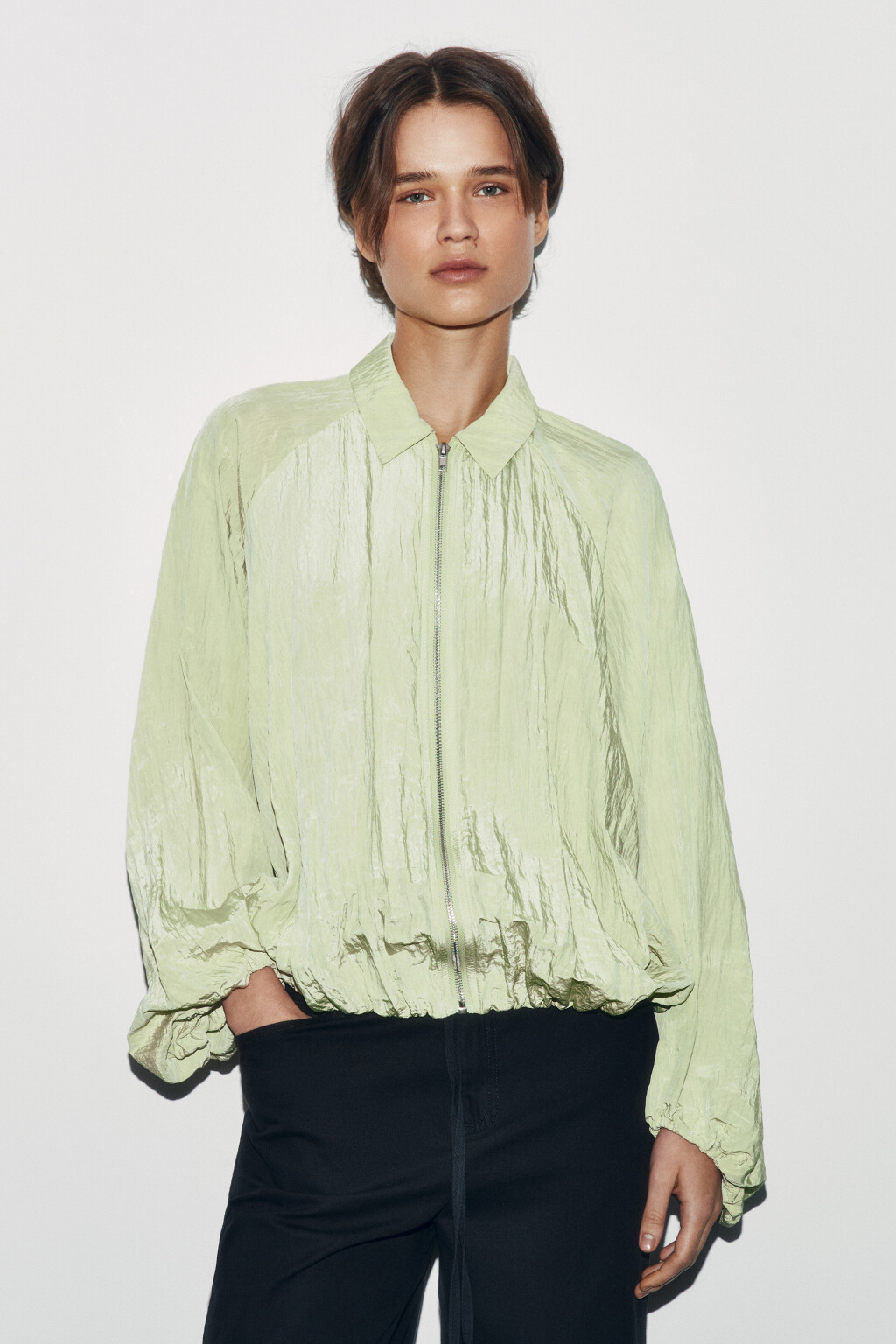 Блузка на молнии с отложным воротником - цвет зеленый - 2