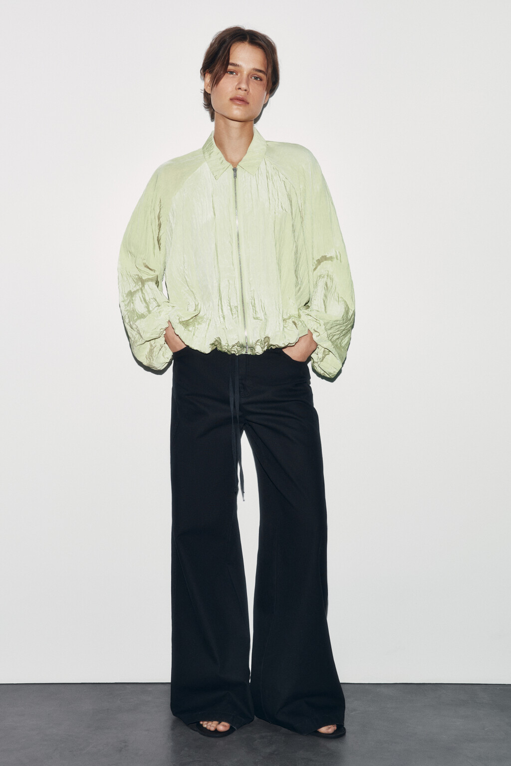 Блузка на молнии с отложным воротником - цвет зеленый - 4