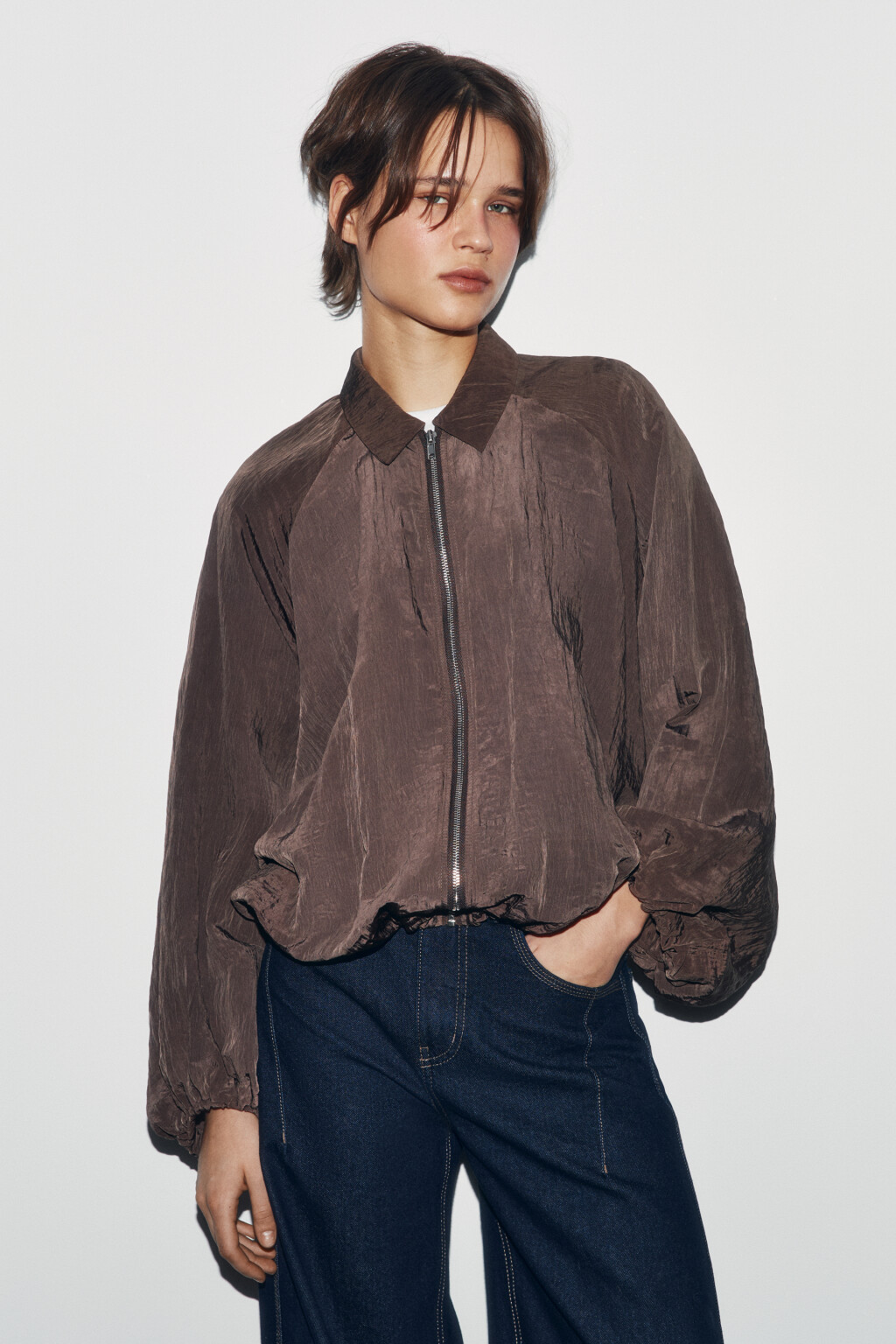 Блузка на молнии с отложным воротником - цвет коричневый - 2