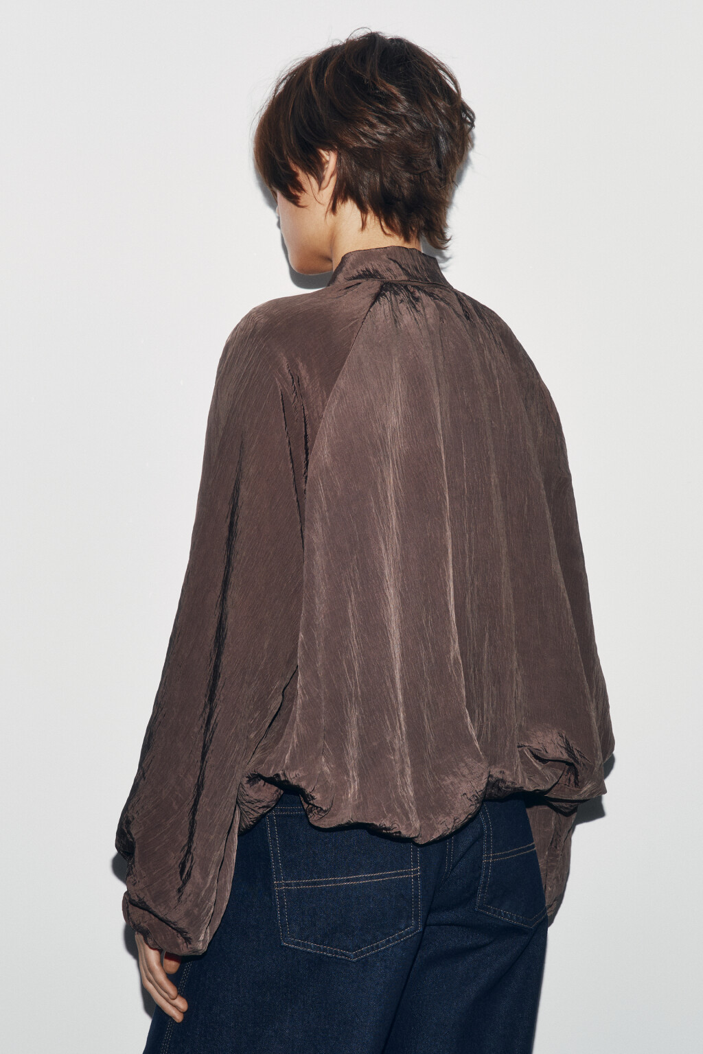 Блузка на молнии с отложным воротником - цвет коричневый - 3