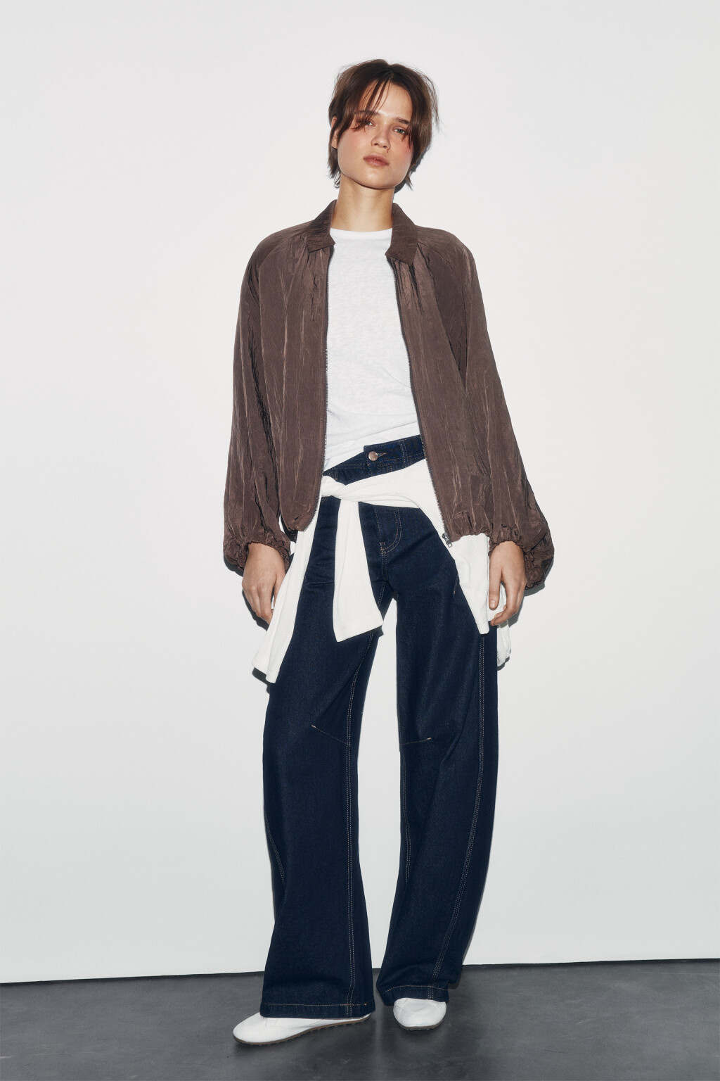 Блузка на молнии с отложным воротником - цвет коричневый - 4