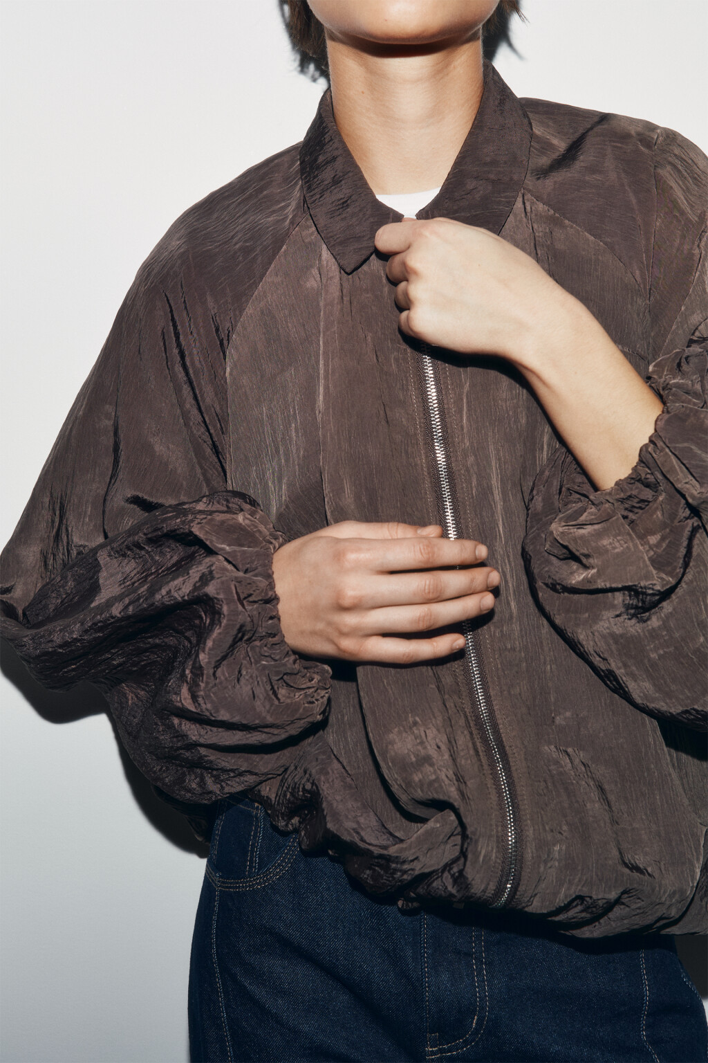 Блузка на молнии с отложным воротником - цвет коричневый - 5