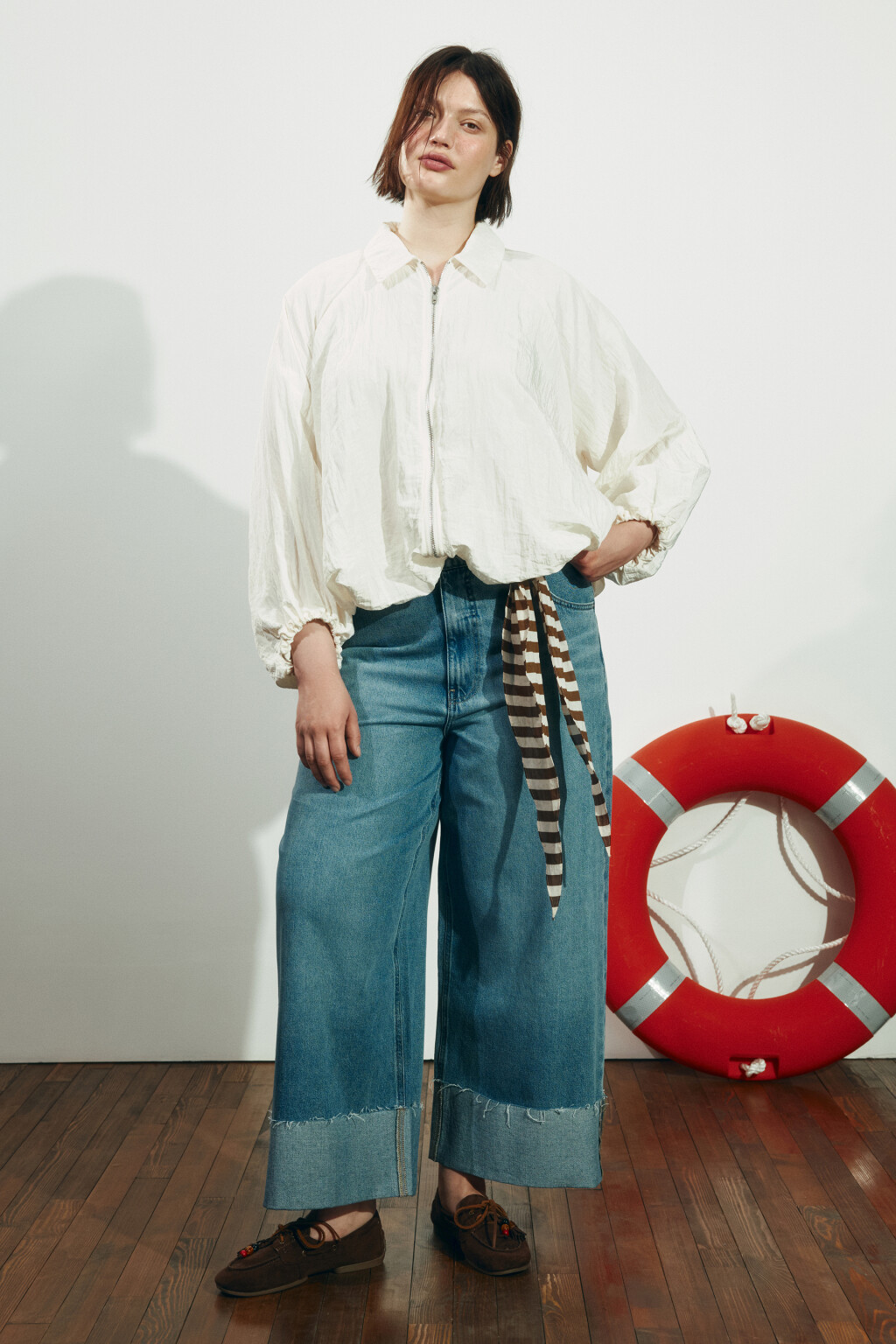 Блузка на молнии с отложным воротником - цвет молочный - 4