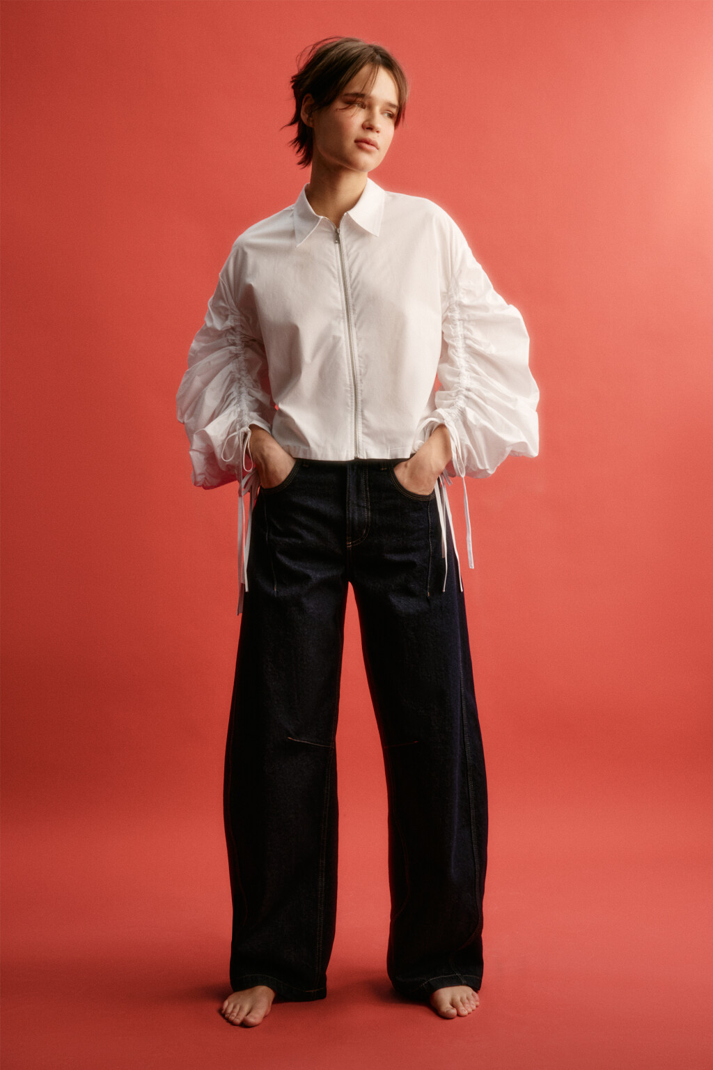 Блузка хлопковая с пышным рукавами на завязках - цвет белый - 5