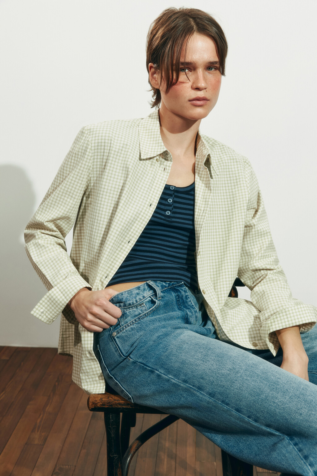 Рубашка прямая в клетку - цвет зеленый - 1