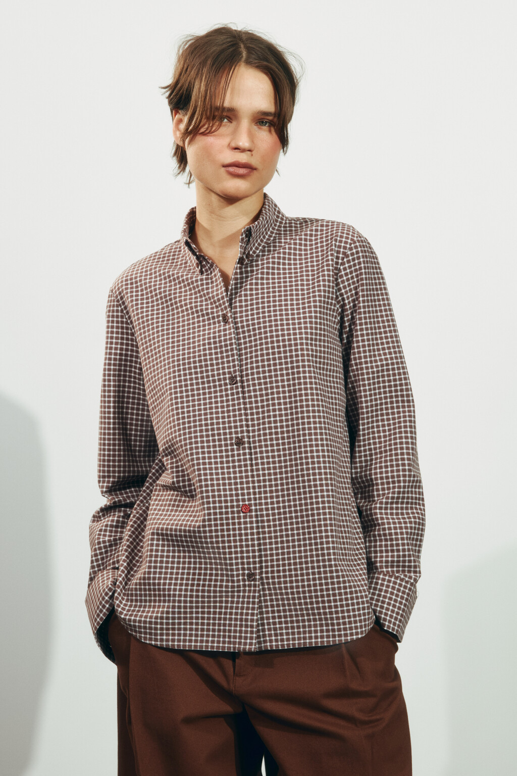 Рубашка прямая в клетку - цвет коричневый - 2