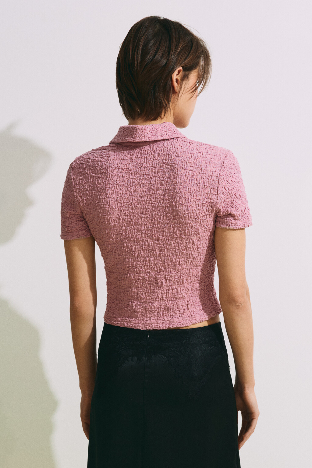 Блузка с округлым воротником ажурная - цвет розовый - 4