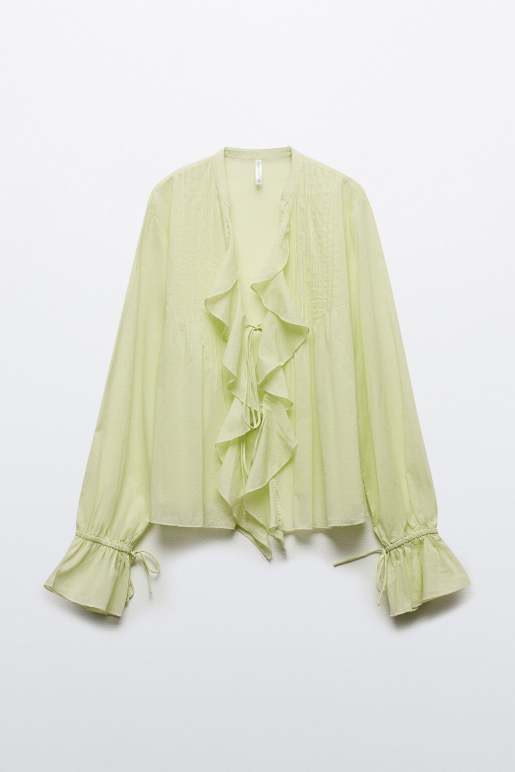 Блузка хлопковая на завязках с воланами - цвет зеленый - 1