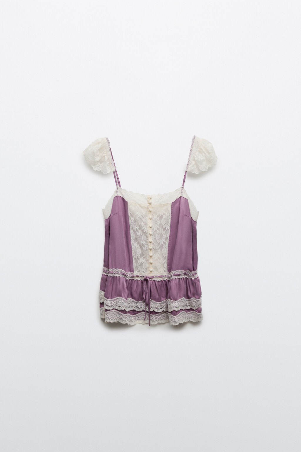Блузка-топ атласная на бретелях с кружевом и баской - цвет сиреневый - 7