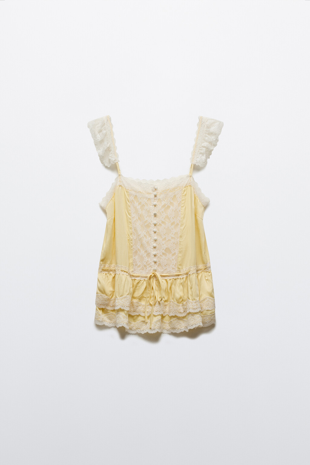 Блузка-топ атласная на бретелях с кружевом и баской - цвет желтый - 8