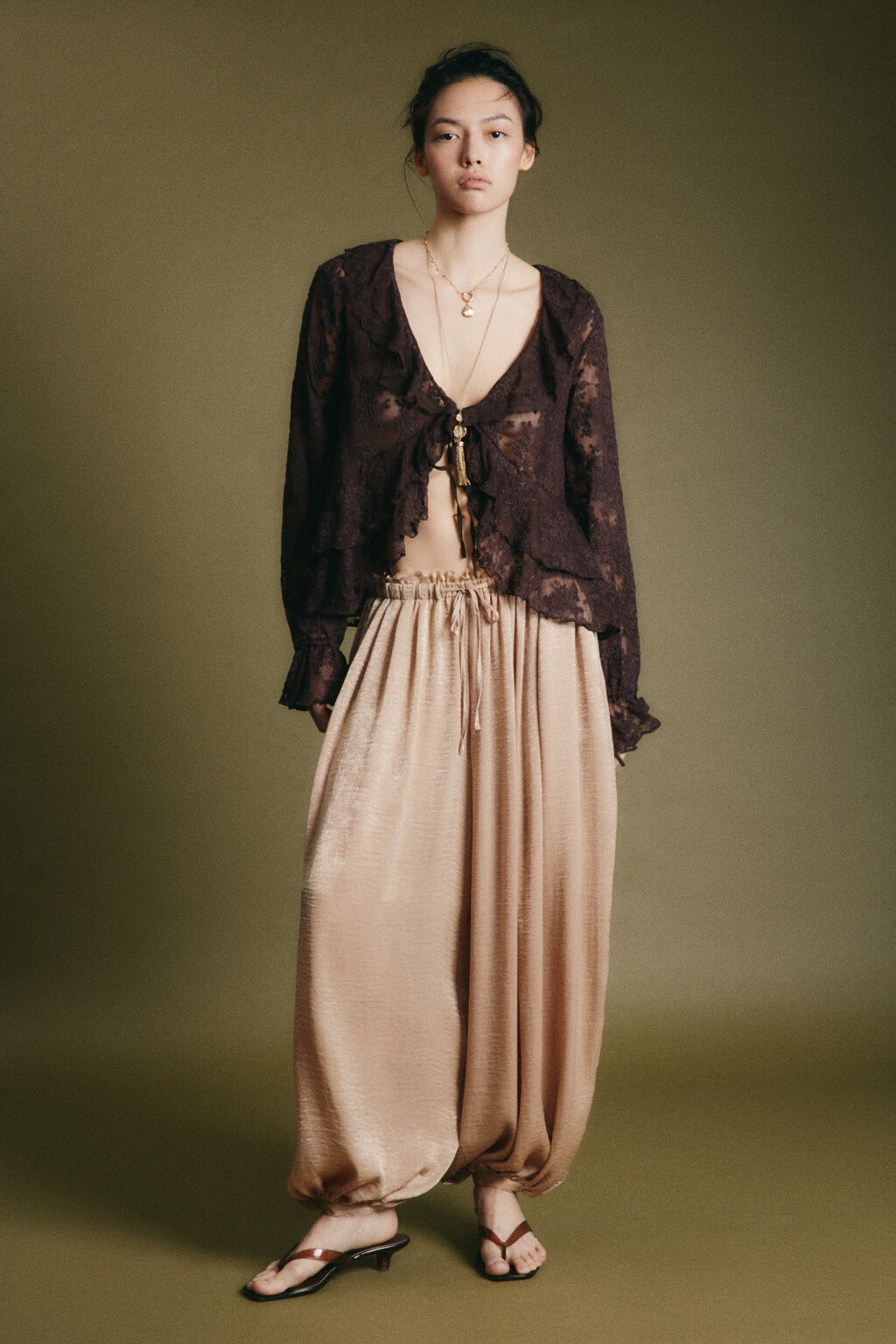 Блузка шифоновая с воланами на завязках - цвет коричневый - 5