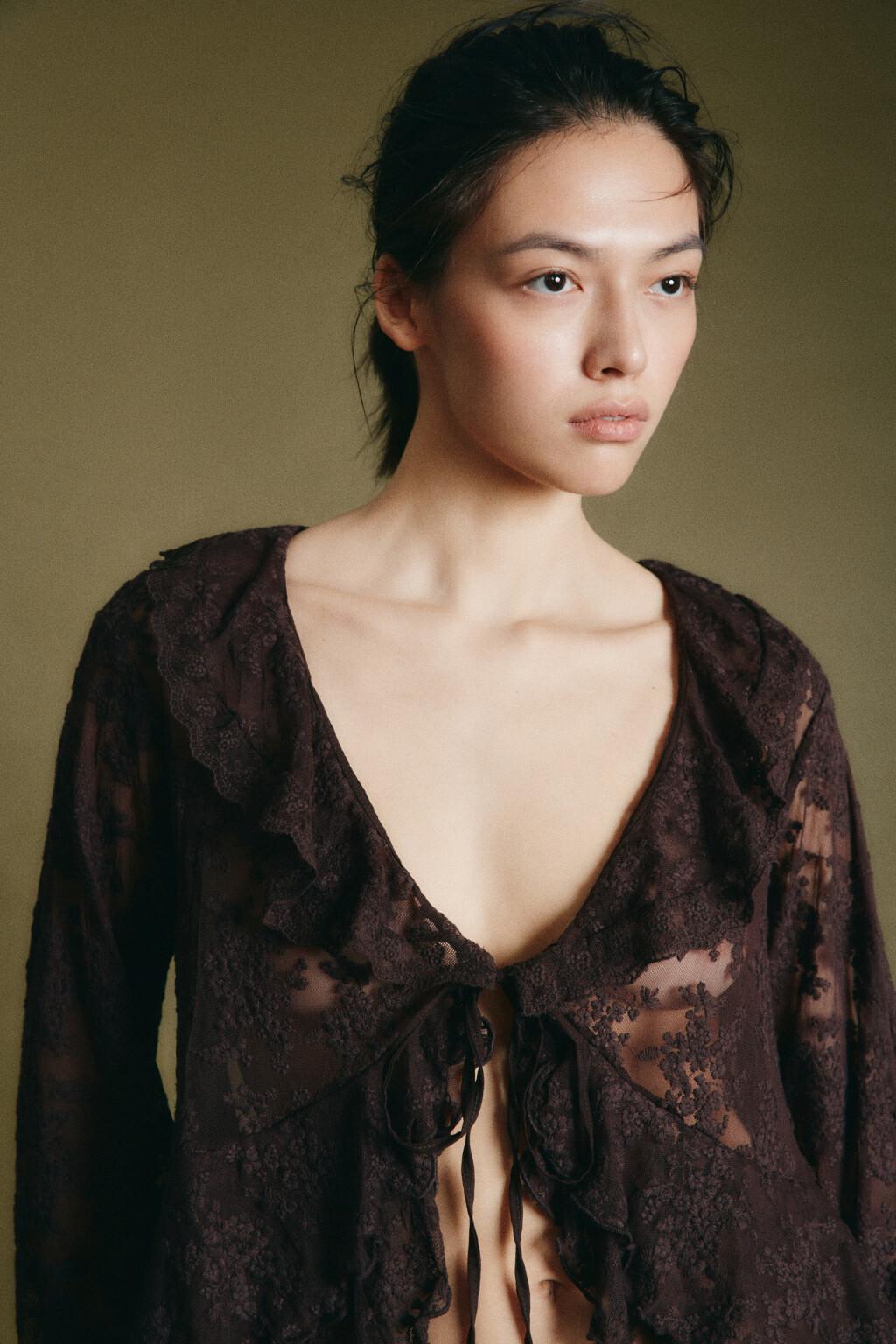 Блузка шифоновая с воланами на завязках - цвет коричневый - 6