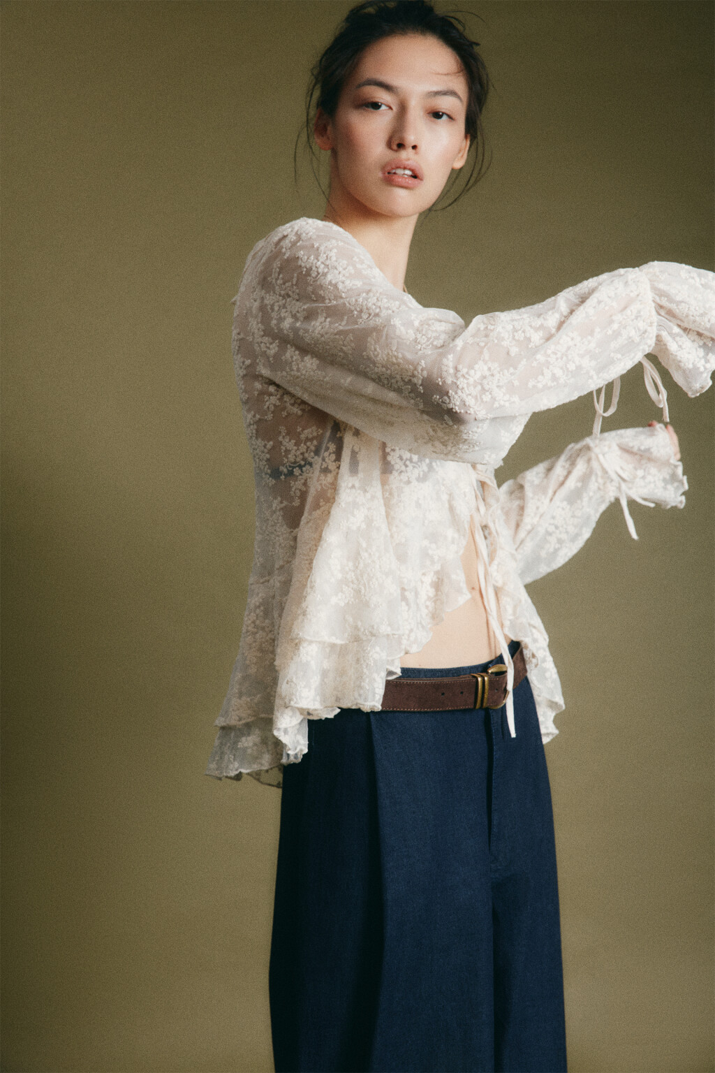 Блузка шифоновая с воланами на завязках - цвет бежевый - 1