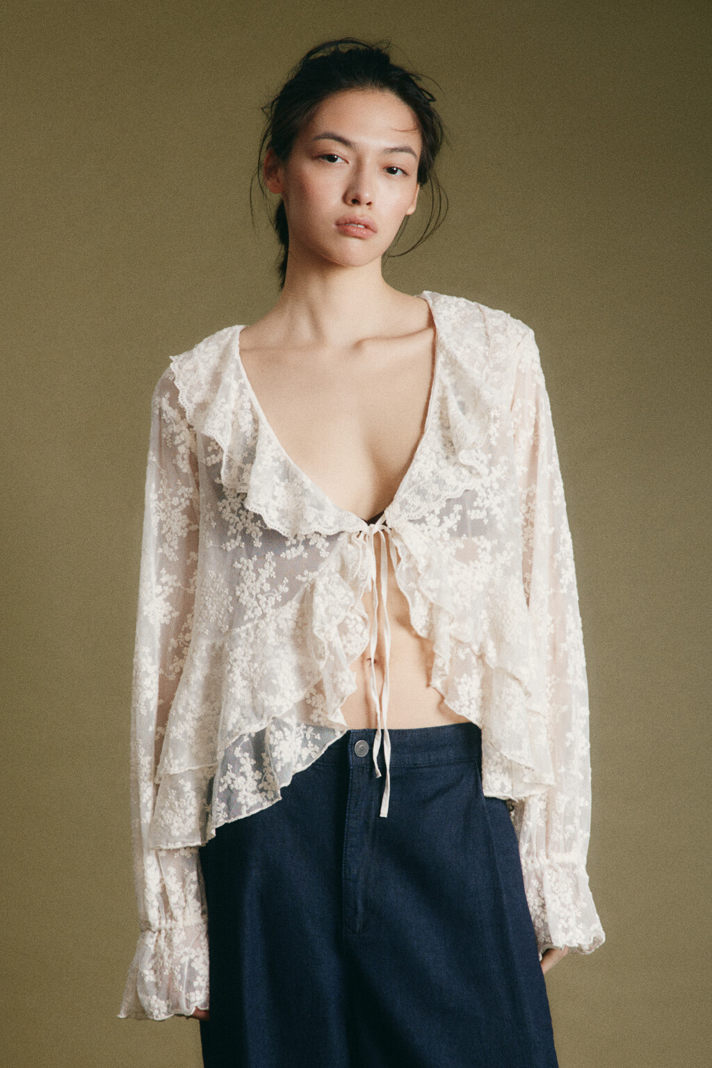 Блузка шифоновая с воланами на завязках - цвет бежевый - 3