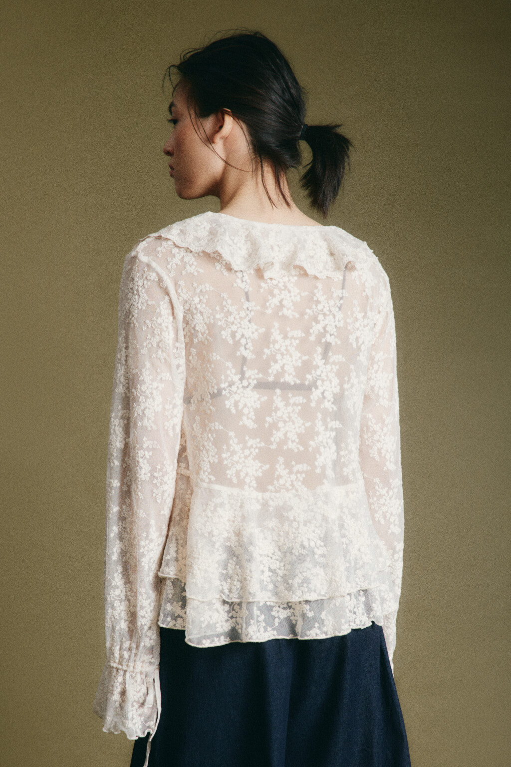 Блузка шифоновая с воланами на завязках - цвет бежевый - 4