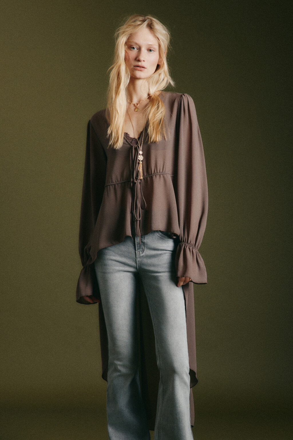 Блузка шифоновая на завязках со шлейфом - цвет коричневый - 2