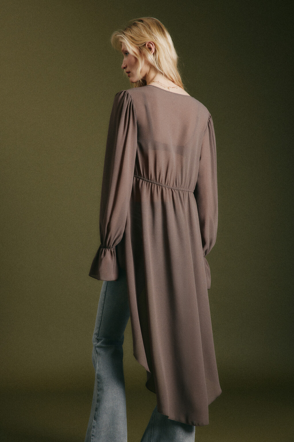 Блузка шифоновая на завязках со шлейфом - цвет коричневый - 3